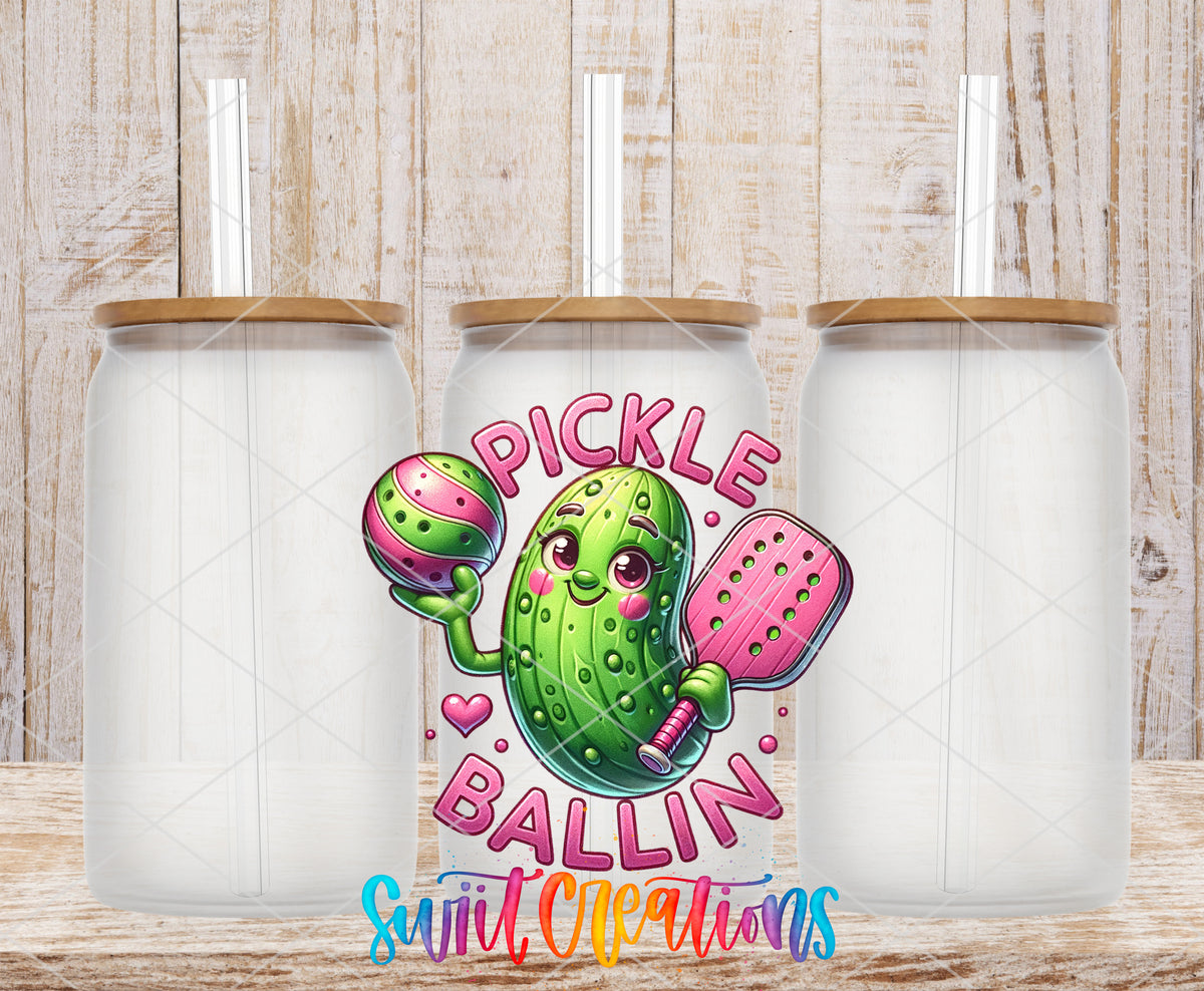 Pickle Ballin frosted glass tumbler mockup with bamboo lids and straws