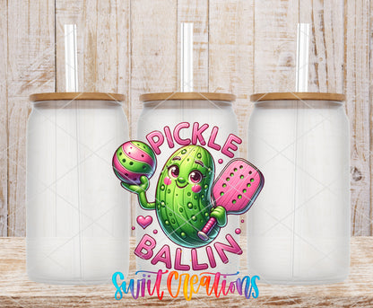 Pickle Ballin frosted glass tumbler mockup with bamboo lids and straws