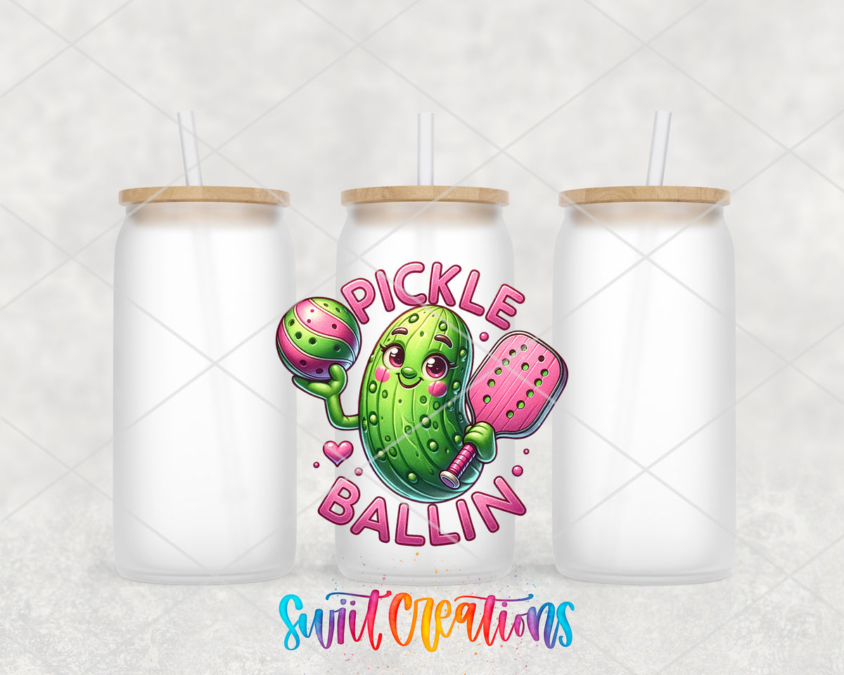 Pickle Ballin frosted glass tumbler group view with lids and straws
