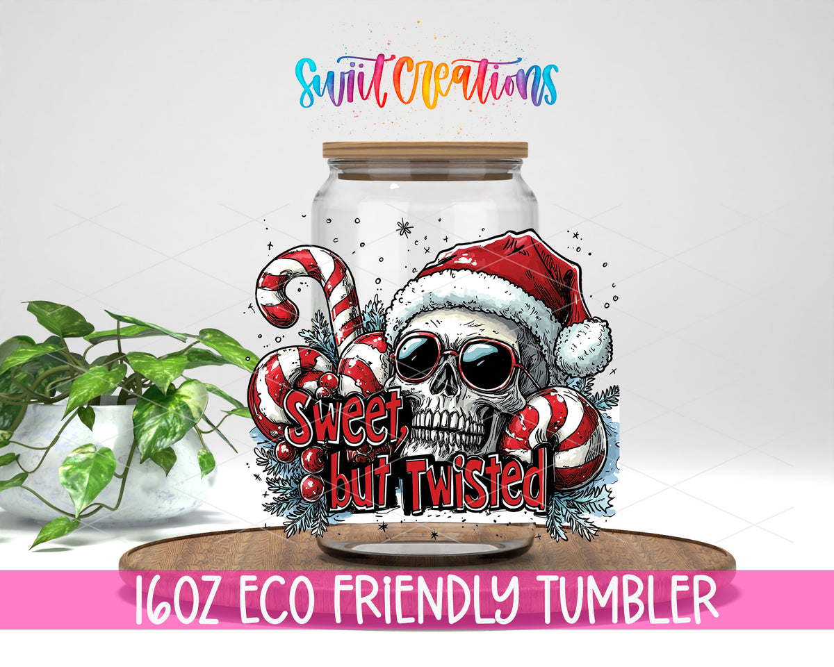 Sweet but Twisted Christmas Skull design on a 16 oz clear glass tumbler with bamboo lid