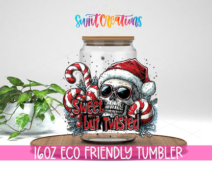 Sweet but Twisted Christmas Skull design on a 16 oz clear glass tumbler with bamboo lid