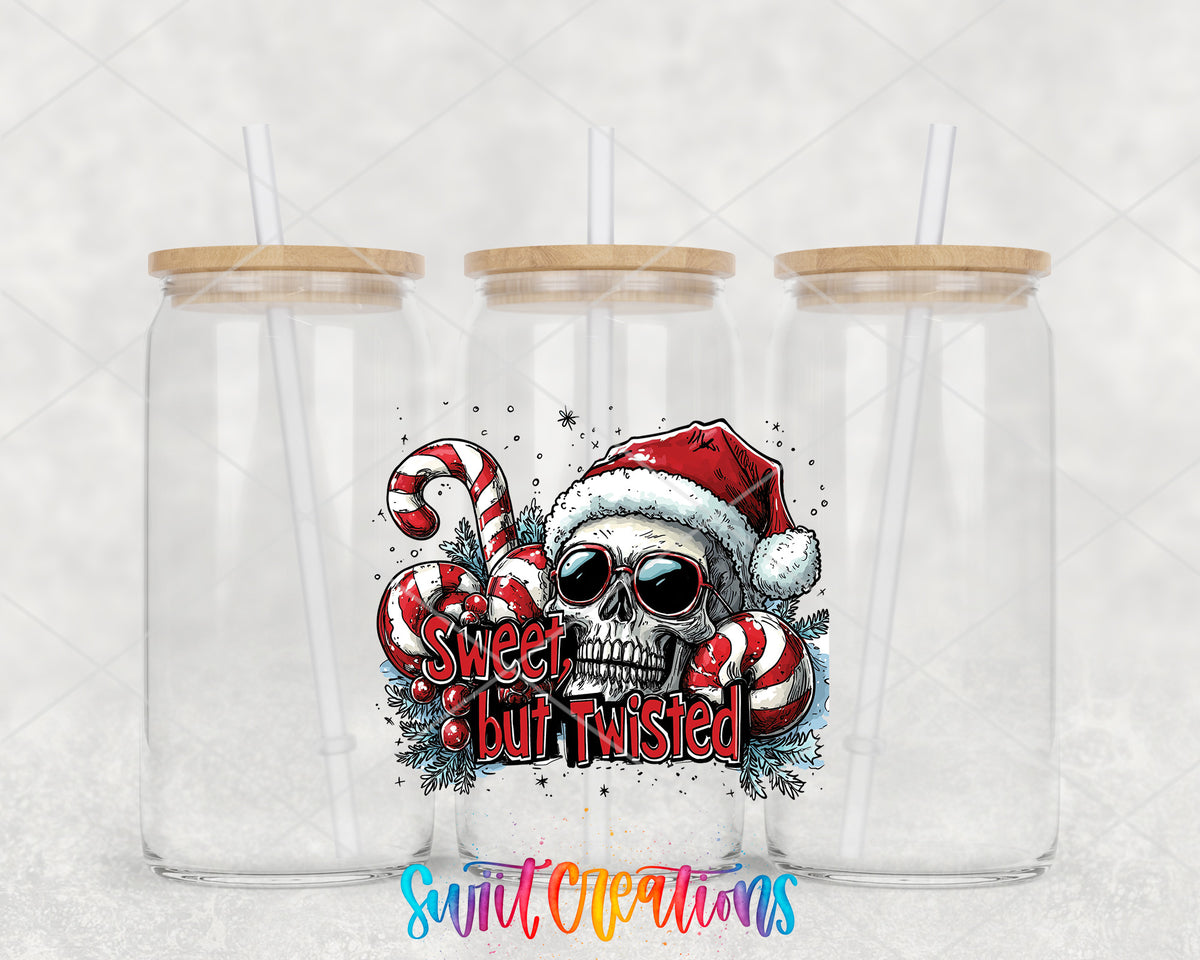 Sweet but Twisted Christmas Skull clear glass tumbler group mockup with bamboo lids and straws