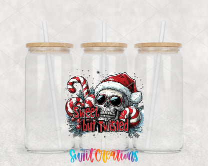 Sweet but Twisted Christmas Skull clear glass tumbler group mockup with bamboo lids and straws