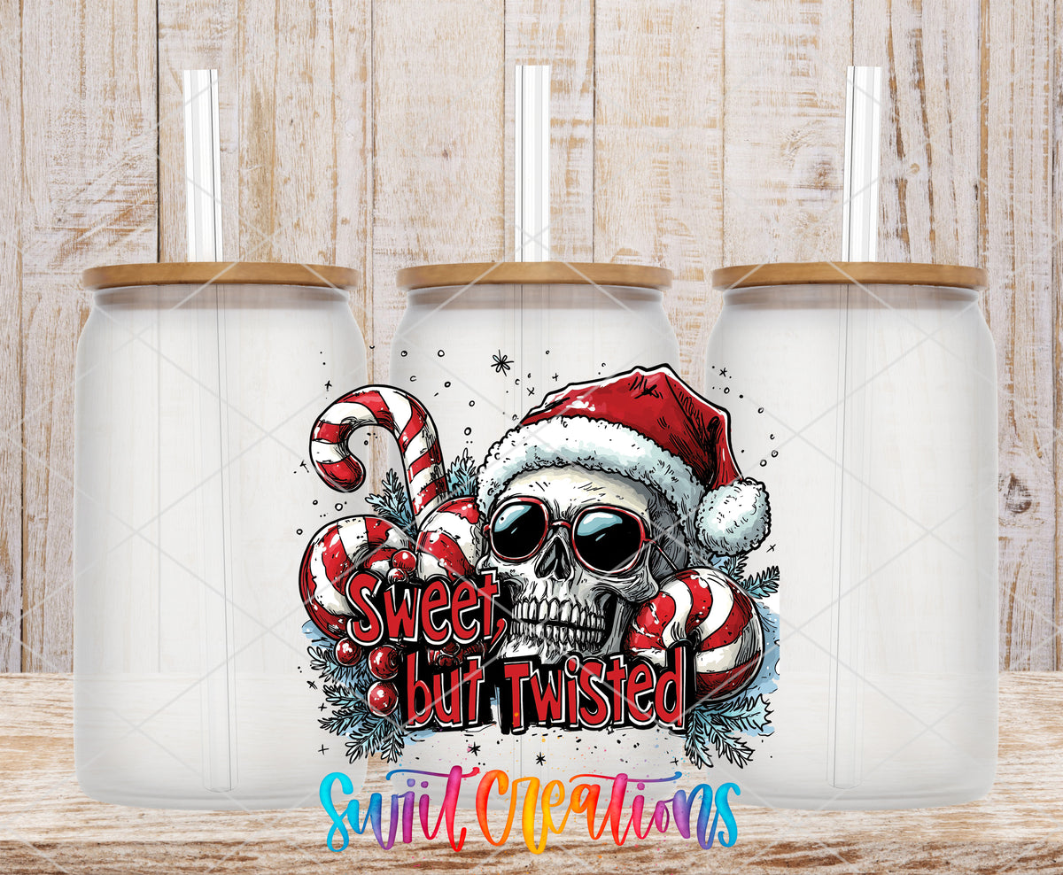 Sweet but Twisted Christmas Skull frosted glass tumbler mockup with bamboo lids and straws