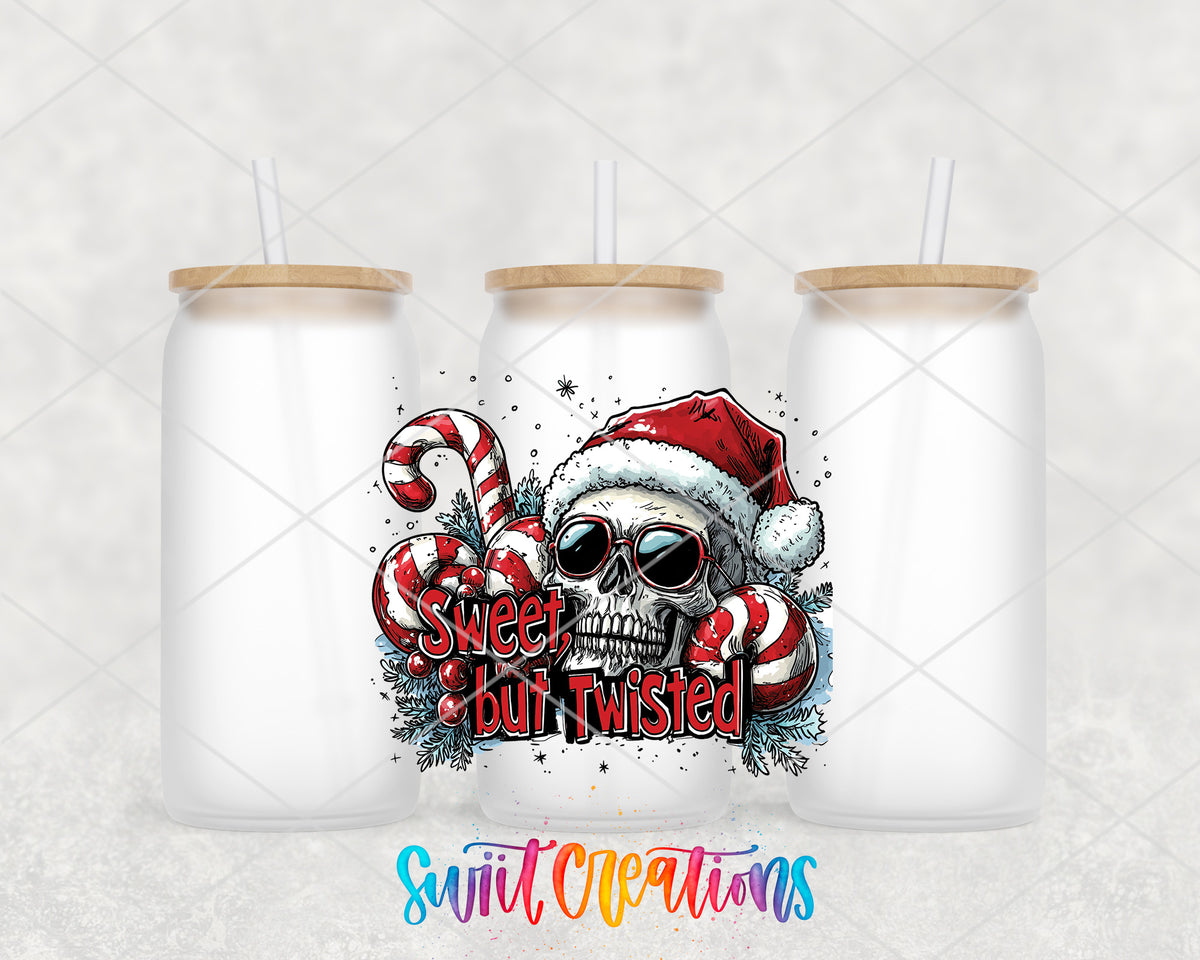 Sweet but Twisted Christmas Skull frosted glass tumbler group view with lids and straws
