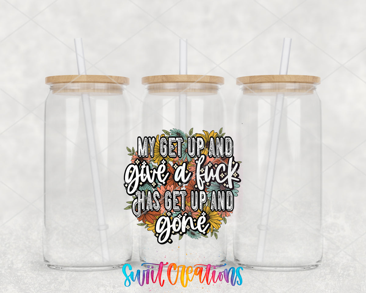 My Get Up and Give a Fuck Floral clear glass tumbler group mockup with bamboo lids and straws