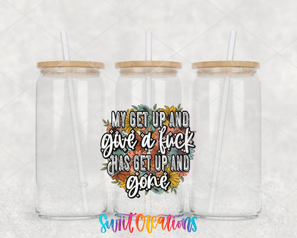 My Get Up and Give a Fuck Floral clear glass tumbler group mockup with bamboo lids and straws