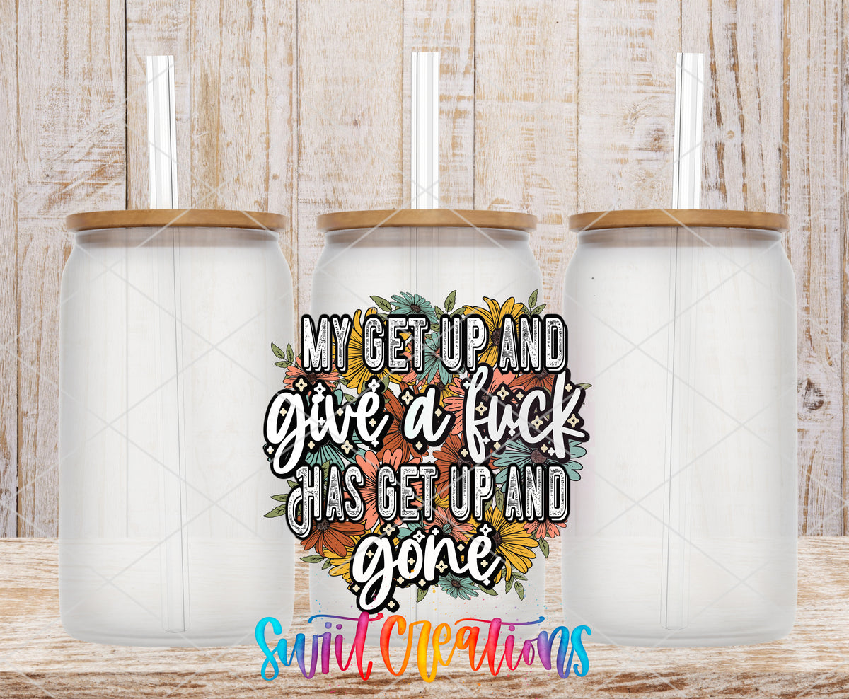 My Get Up and Give a Fuck Floral frosted glass tumbler mockup with bamboo lids and straws