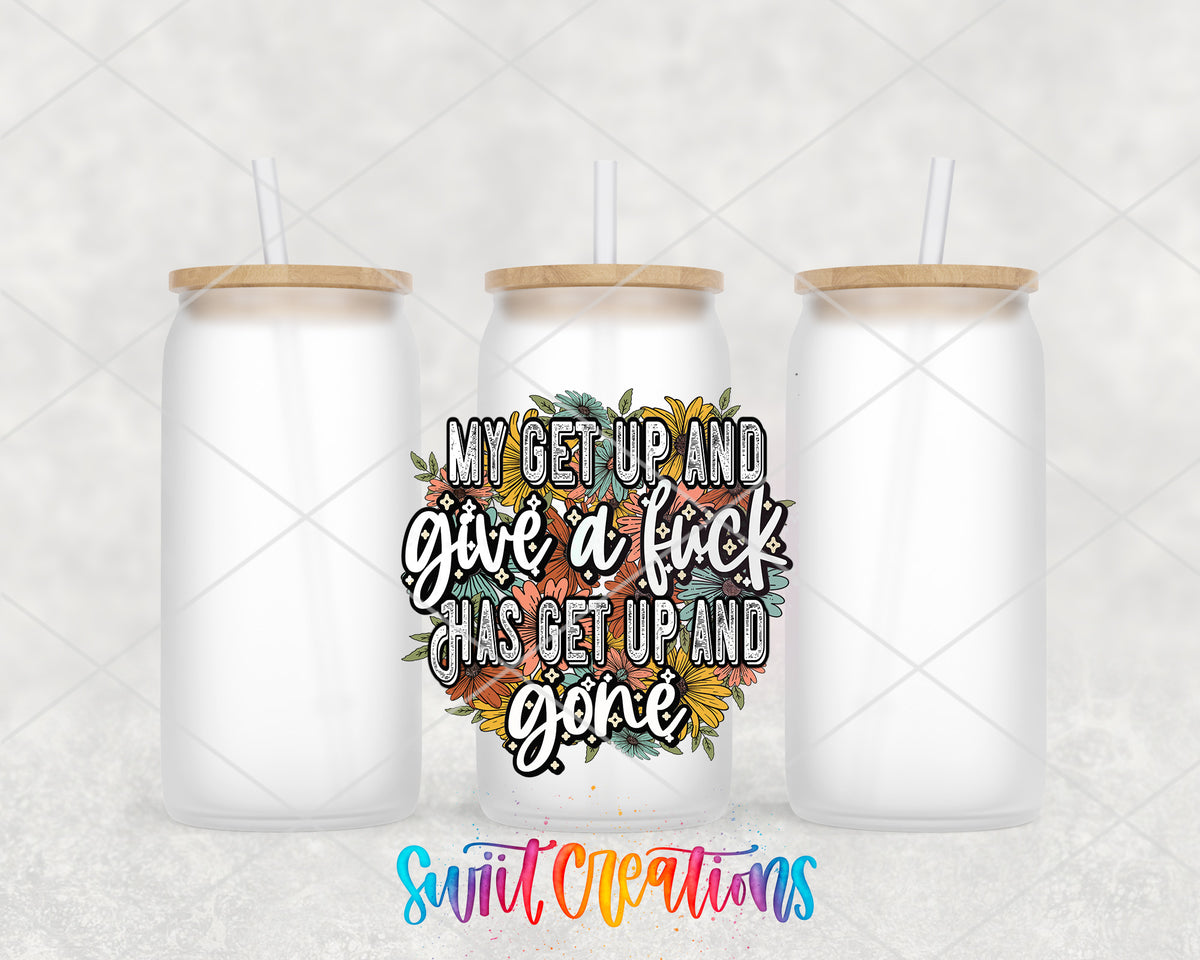 My Get Up and Give a Fuck Floral frosted glass tumbler group view with lids and straws