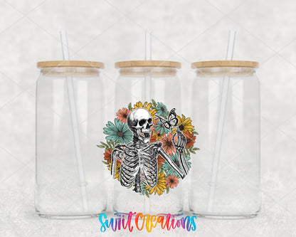 Retro Floral Skeleton clear glass tumbler group mockup with bamboo lids and straws