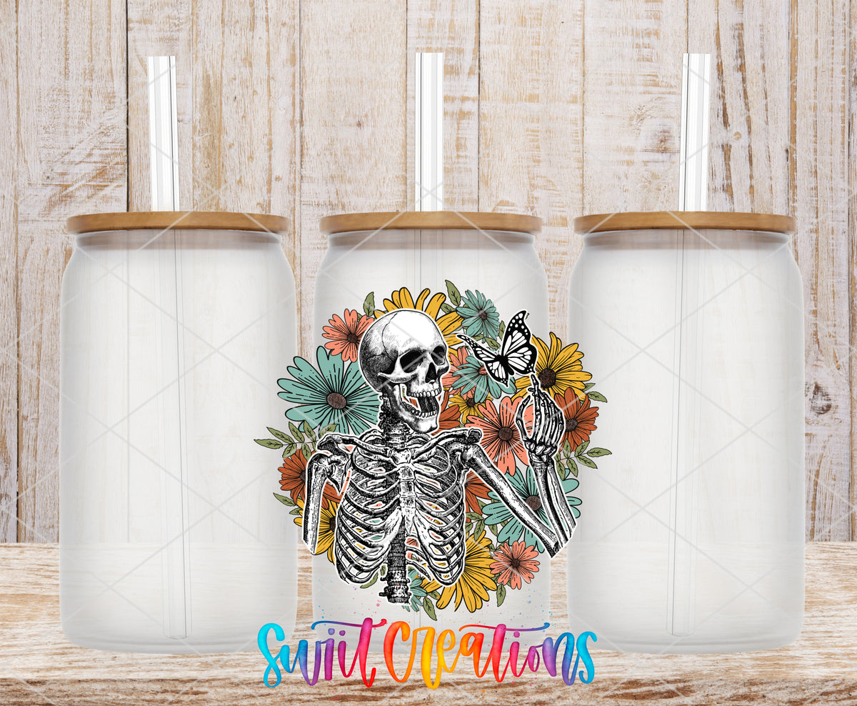 Retro Floral Skeleton frosted glass tumbler mockup with bamboo lids and straws