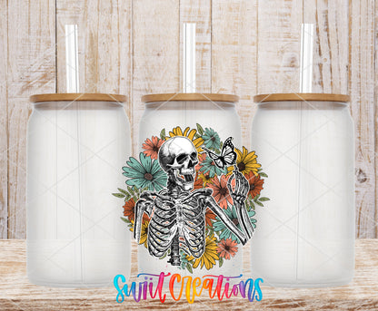 Retro Floral Skeleton frosted glass tumbler mockup with bamboo lids and straws