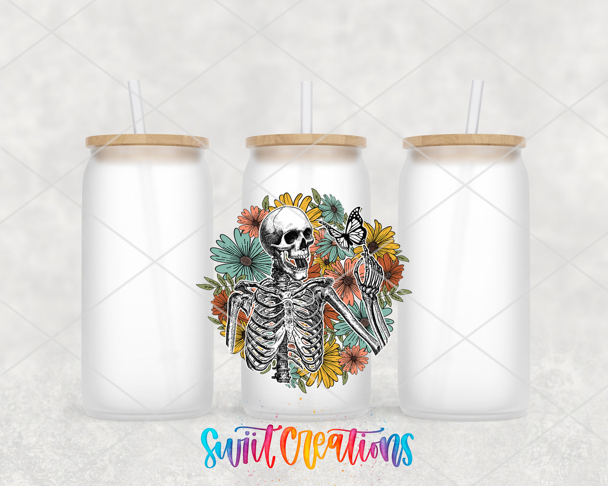 Retro Floral Skeleton frosted glass tumbler group view with lids and straws