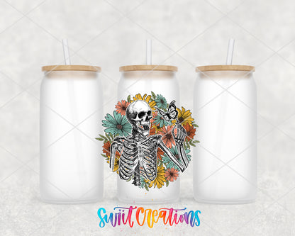 Retro Floral Skeleton frosted glass tumbler group view with lids and straws