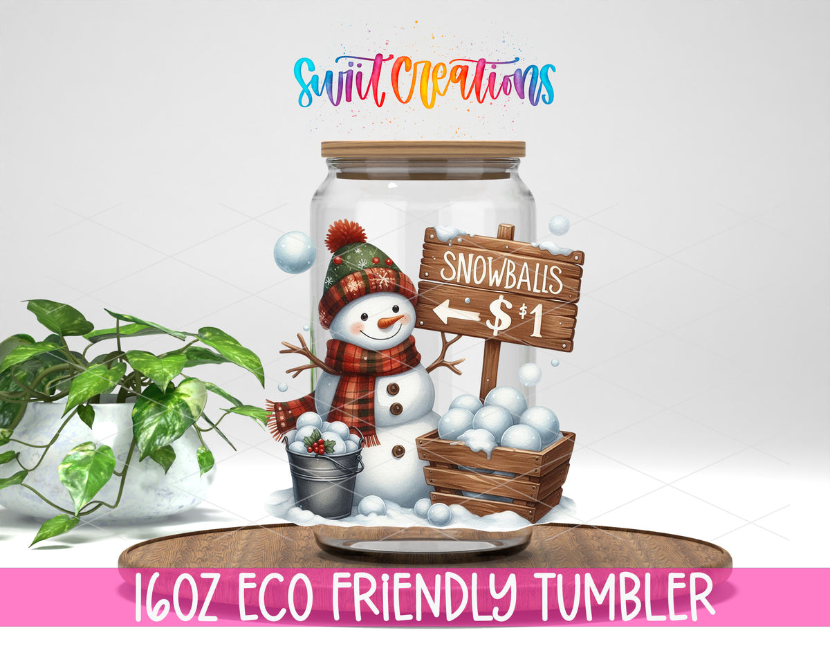 Snowball Stand Snowman design on a 16 oz clear glass tumbler with bamboo lid
