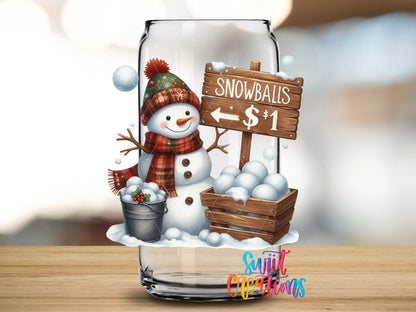 Snowball Stand Snowman design close-up on a clear glass can tumbler