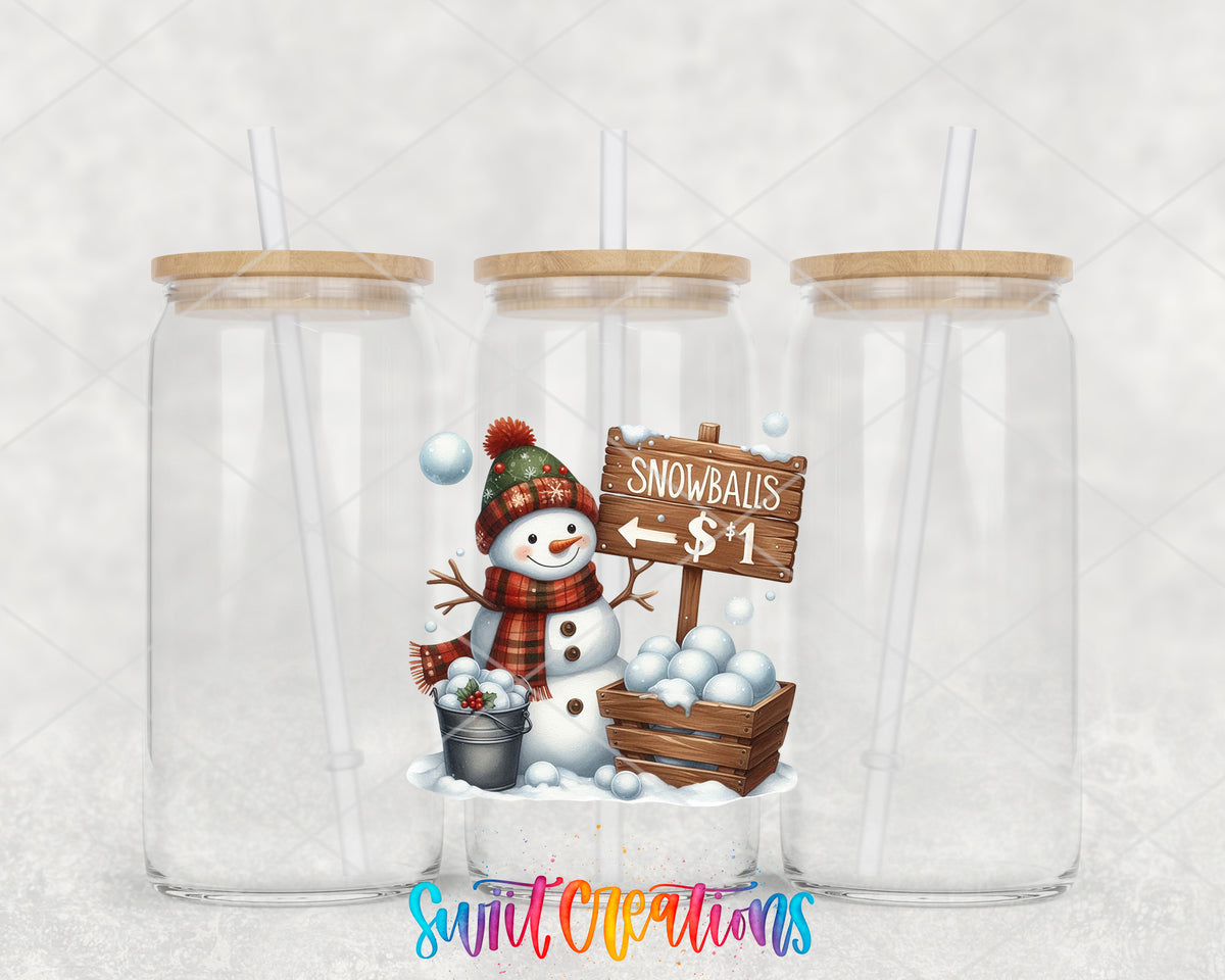 Snowball Stand Snowman clear glass tumbler group mockup with bamboo lids and straws