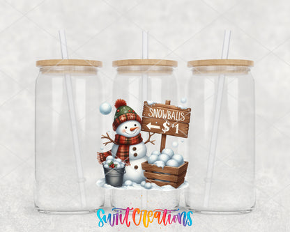 Snowball Stand Snowman clear glass tumbler group mockup with bamboo lids and straws