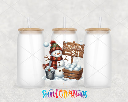 Snowball Stand Snowman frosted glass tumbler group view with lids and straws