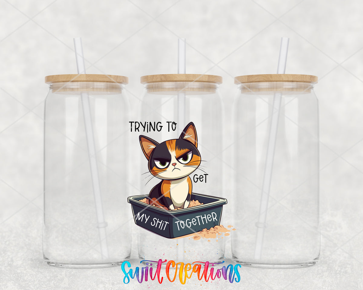 Trying to Get My Shit Together Cat clear glass tumbler group mockup with bamboo lids and straws