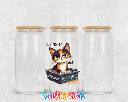 Trying to Get My Shit Together Cat clear glass tumbler group mockup with bamboo lids and straws
