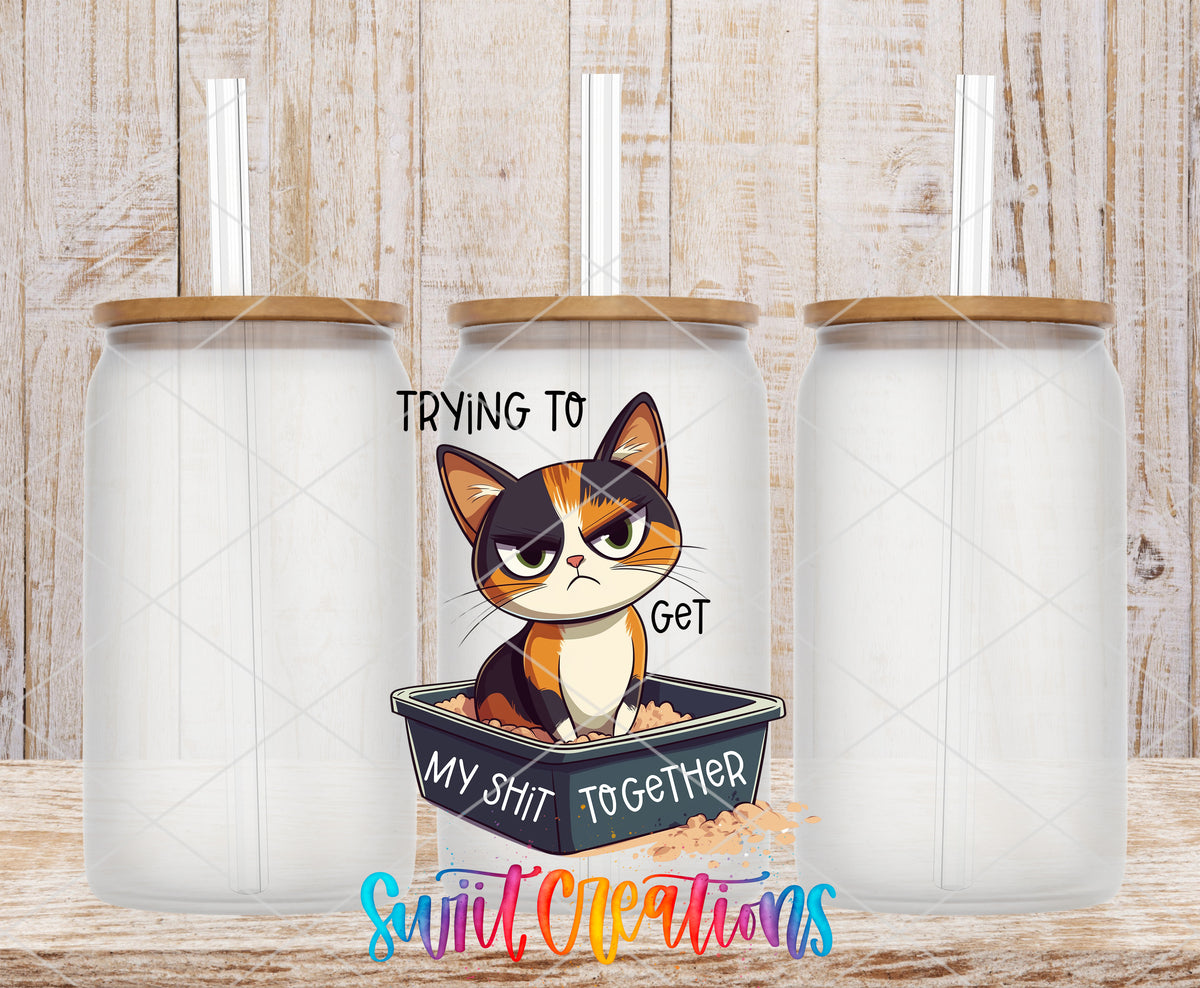 Trying to Get My Shit Together Cat frosted glass tumbler mockup with bamboo lids and straws