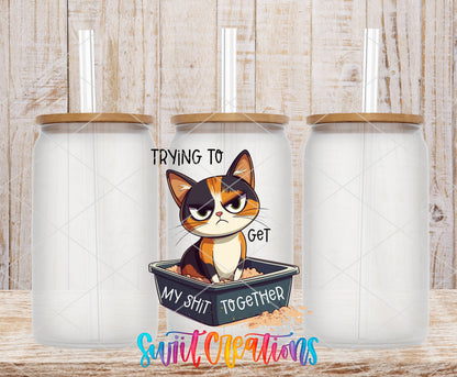 Trying to Get My Shit Together Cat frosted glass tumbler mockup with bamboo lids and straws