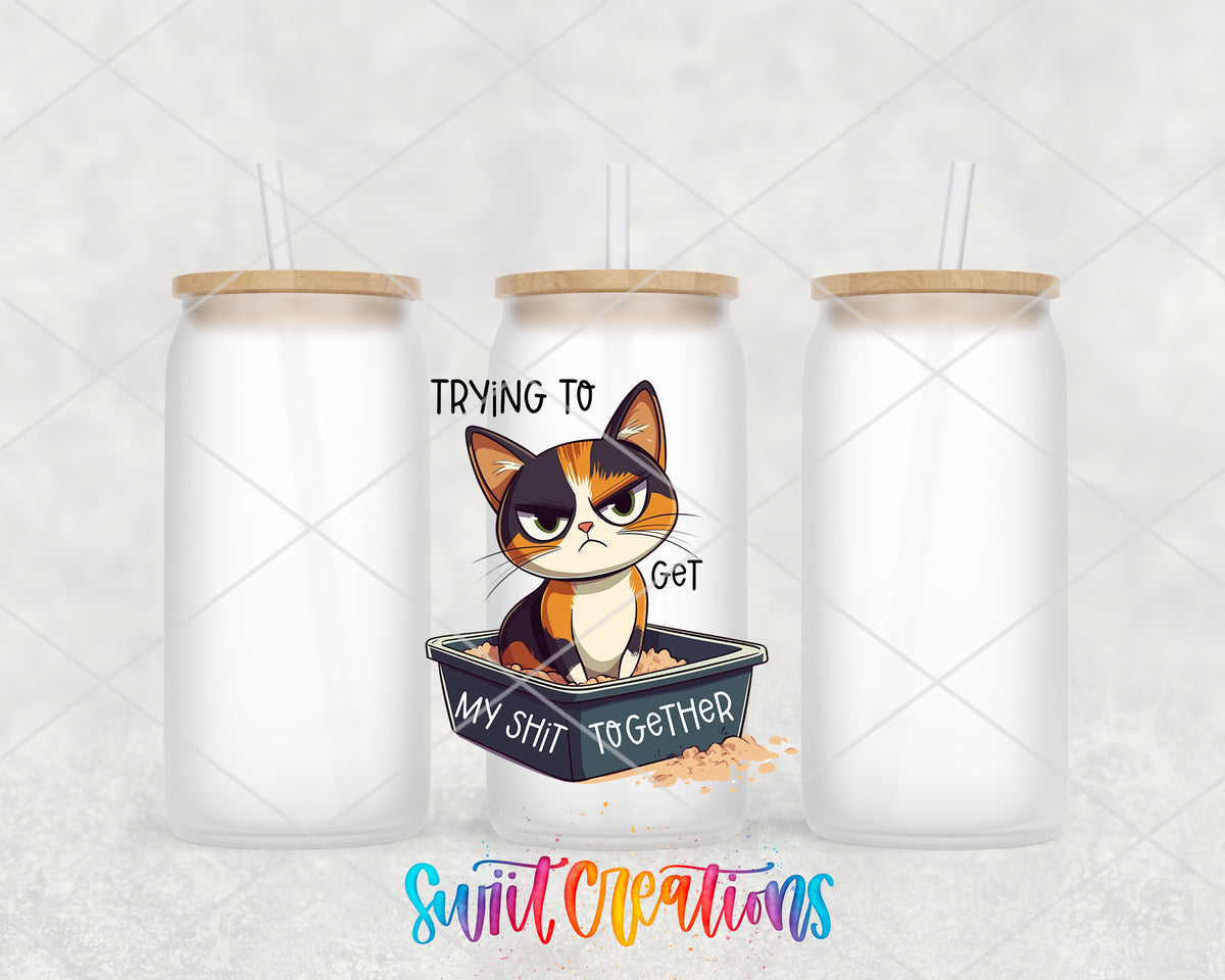 Trying to Get My Shit Together Cat frosted glass tumbler group view with lids and straws