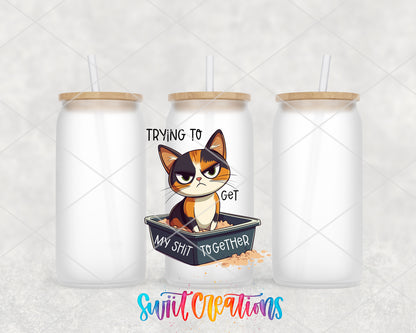 Trying to Get My Shit Together Cat frosted glass tumbler group view with lids and straws