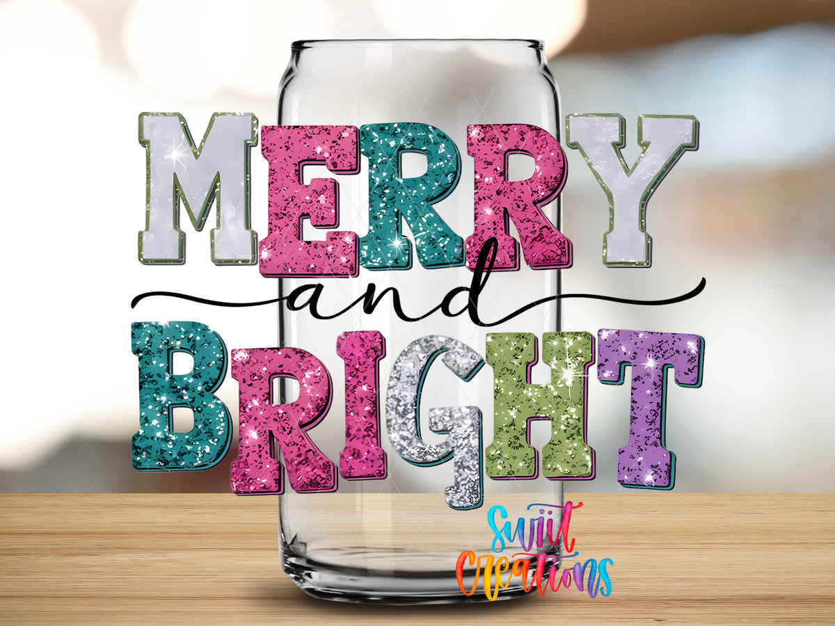 Merry and Bright Sparkle Letters design close-up on a clear glass can tumbler
