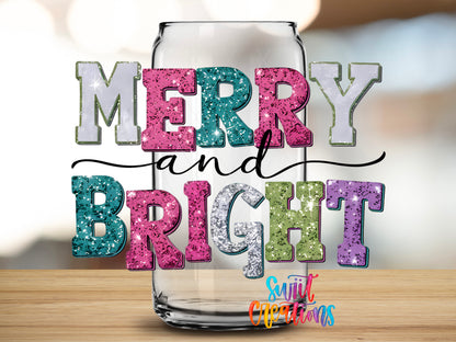 Merry and Bright Sparkle Letters design close-up on a clear glass can tumbler