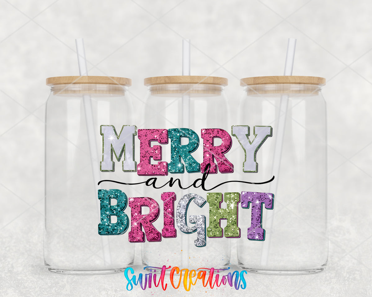Merry and Bright Sparkle Letters clear glass tumbler group mockup with bamboo lids and straws