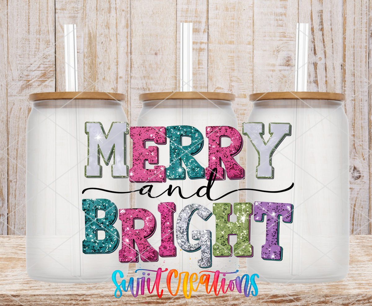 Merry and Bright Sparkle Letters frosted glass tumbler mockup with bamboo lids and straws