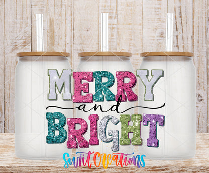 Merry and Bright Sparkle Letters frosted glass tumbler mockup with bamboo lids and straws
