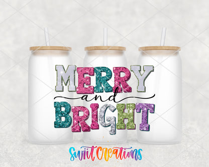 Merry and Bright Sparkle Letters frosted glass tumbler group view with lids and straws