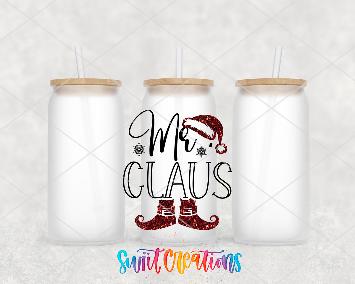 Mr. Claus Christmas frosted glass tumbler group view with lids and straws