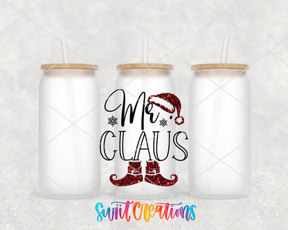 Mr. Claus Christmas frosted glass tumbler group view with lids and straws