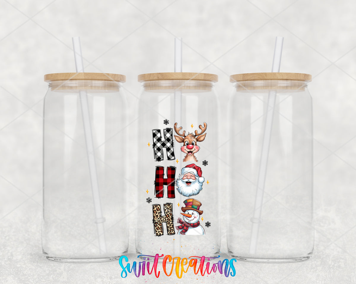 Ho Ho Ho Christmas Characters clear glass tumbler group mockup with bamboo lids and straws