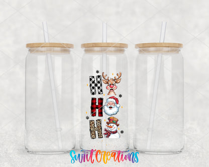 Ho Ho Ho Christmas Characters clear glass tumbler group mockup with bamboo lids and straws