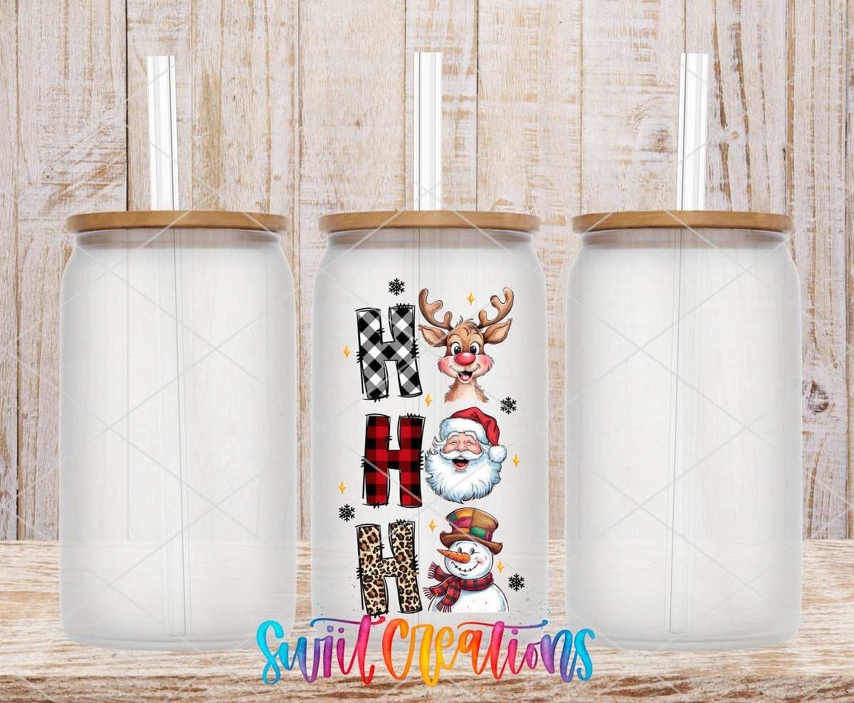 Ho Ho Ho Christmas Characters frosted glass tumbler mockup with bamboo lids and straws