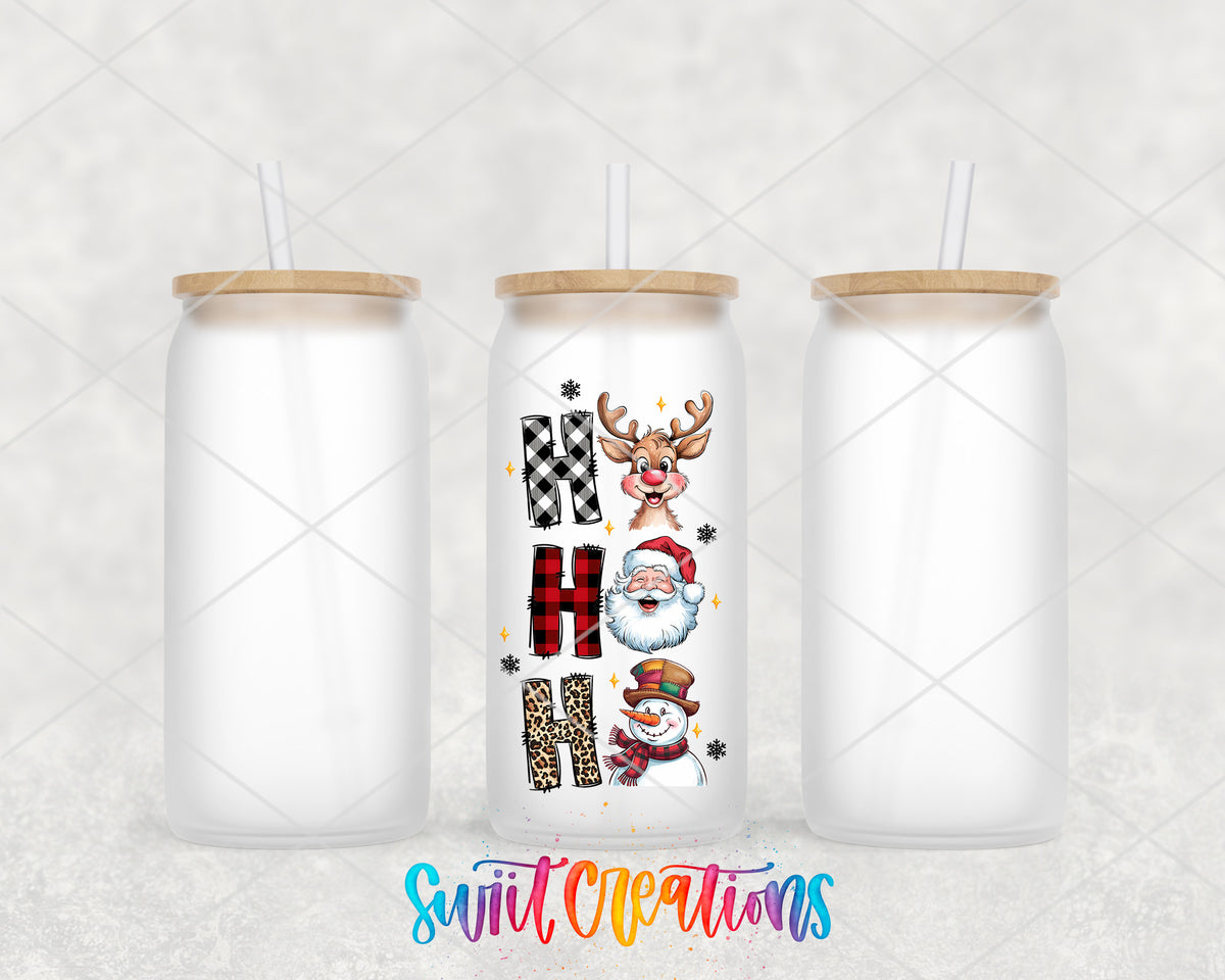 Ho Ho Ho Christmas Characters frosted glass tumbler group view with lids and straws