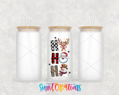 Ho Ho Ho Christmas Characters frosted glass tumbler group view with lids and straws