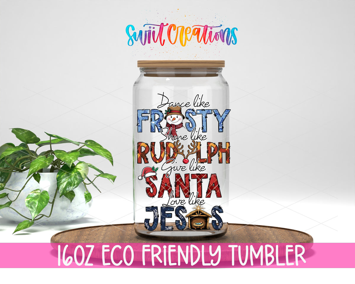 Dance Like Frosty Christmas design on a 16 oz clear glass tumbler with bamboo lid