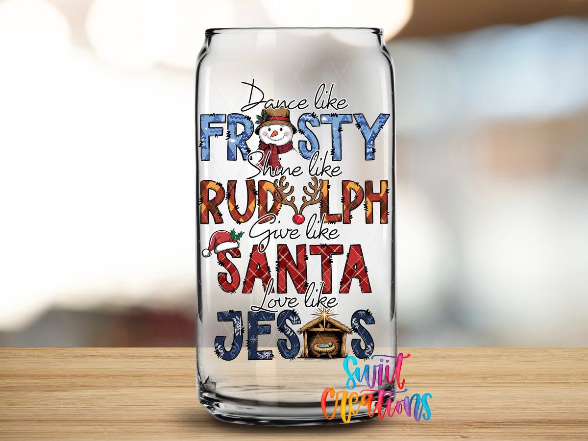 Dance Like Frosty Christmas design close-up on a clear glass can tumbler