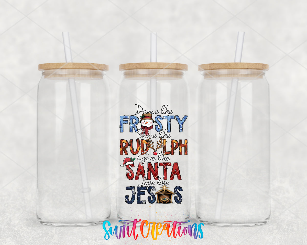 Dance Like Frosty Christmas clear glass tumbler group mockup with bamboo lids and straws