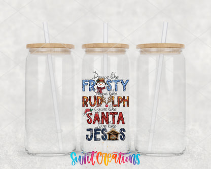 Dance Like Frosty Christmas clear glass tumbler group mockup with bamboo lids and straws