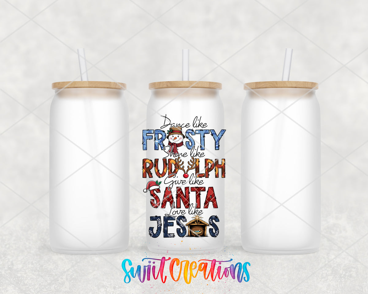 Dance Like Frosty Christmas frosted glass tumbler group view with lids and straws