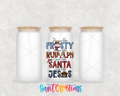 Dance Like Frosty Christmas frosted glass tumbler group view with lids and straws