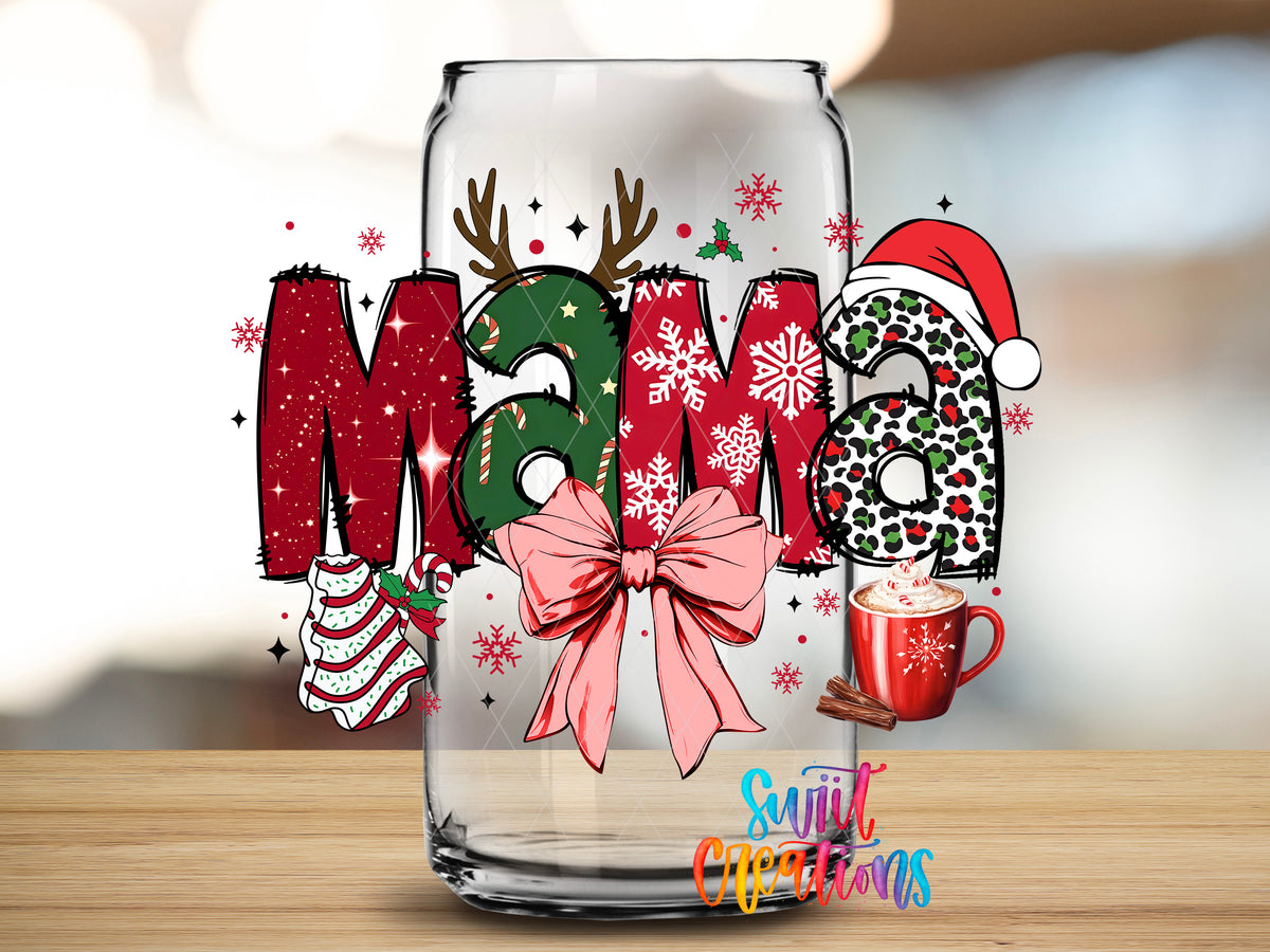 Christmas Mama Bow design close-up on a clear glass can tumbler