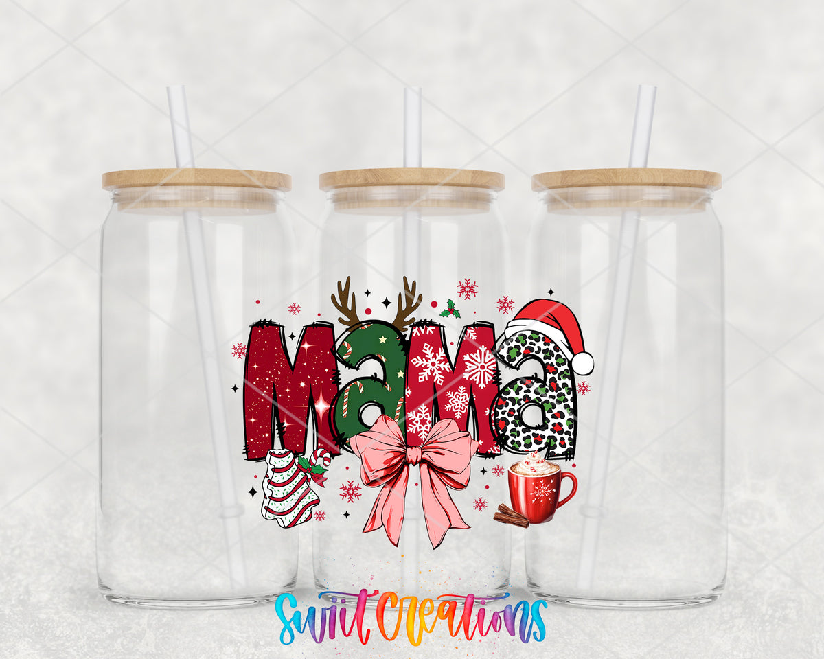 Christmas Mama Bow clear glass tumbler group mockup with bamboo lids and straws